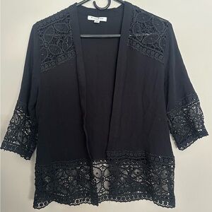 STUDIO WORKS Size SMALL PETITE, BLACK Lace Trim Cardigan